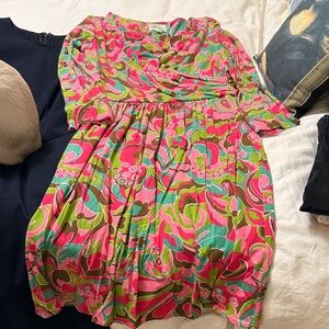 Vibrant Pink and Green Faux Wrap Patterned Dress